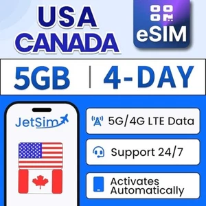 JetSIM Canadá solo datos eSIM (4 días), 5 GB de datos de alta velocidad, activación instantánea - Imagen 1 de 5