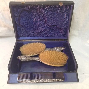 WJM English Antique 1910s Sterling Silver Vanity Dresser Set Hair Brush Comb Box - Picture 1 of 11