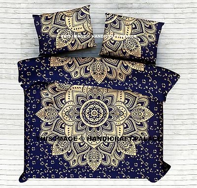 Indian Queen Size Decor Set Cotton Gold Ombre Mandala Printed Blue Duvet Cover  - Image 1 of 4