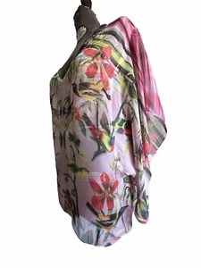 New Directions Damen Top Vögel Blumen rosa gelb transparent Lagenlook Boho Bauern - Bild 1 von 11