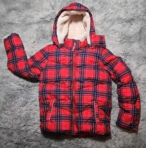Boden Girl's Tartan Puffer Jacket Size 13-14 Sherpa Detachable Hood EUC - Picture 1 of 7