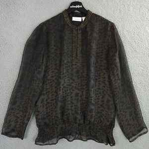 Chicos Top Womens 1 Medium Brown Black Leopard Beaded Smocked Hem Sheer Blouse - Picture 1 of 11