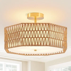17.6" Boho Rattan Ceiling Light, 3-Light Bohemian Chandelier, Farmhouse Penda... - Picture 1 of 9