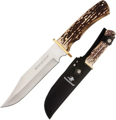 Cuchillo fijo Winchester 6,5" acero inoxidable hoja Bowie imitación ciervo mango Foto 1 de 4
