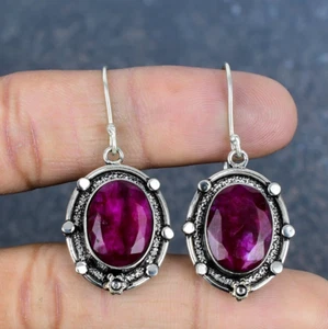 Ruby Lab-Created Gemstone Handmade 925 Sterling Silver Jewelry Earring - Picture 1 of 4