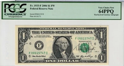 2006 $1 FEDERAL RESERVE NOTE - ATLANTA GEORGIA FW NOTE TIM KYZIVAT - F00015747I - Image 1 of 2