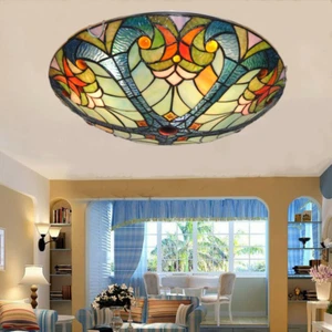 16" Tiffany Flush Mount Ceiling Light,Vintage 3-Light Stained Glass Chandeliers - Picture 1 of 17
