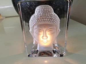 Frosted Buddha Head in Heavy Clear Glass Tea Light Votive Candle Holder 5.5x4 - Picture 1 of 7