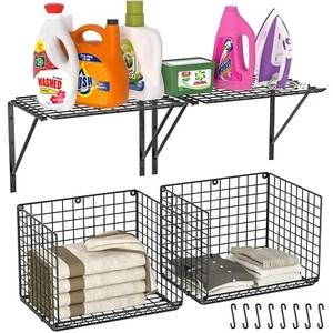 2 Pack Laundry Room Shelves, Wire Baskets with 8 Hooks, Over Washer and Dryer... - Picture 1 of 7