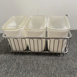 Hazel Atlas Vintage Milk Glass  Refrigerator Jars w/lids and Metal Rack MCM - Picture 1 of 10