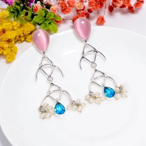 Pink Cats Eye Biwa Pearl Gemstone 925 Sterling Silver Earrings 2.8" t654 - Picture 1 of 5
