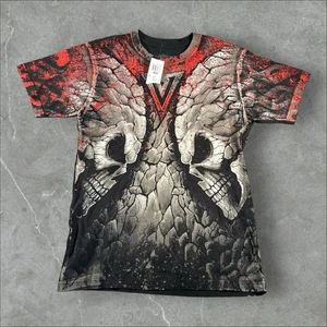 NWT Vindication Shirt Men Medium Red Black Y2K Grunge Mallgoth Emo MMA Skull AOP - Picture 1 of 6