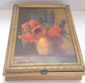 Vintage Gold Gilt Wooden Jewelry Box w/Mirror Flowers by M. Streckenbach Print - Picture 1 of 9