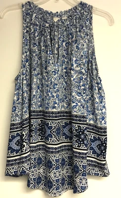 Gap Large Ruffle Neck Tank Top Size Blue Floral Split Neck with Ties Sleeveless - Image 1 of 4