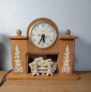 VTG 1940s Fireplace Electric United Corp Fireplace Wood Mantle Clock - Picture 1 of 6