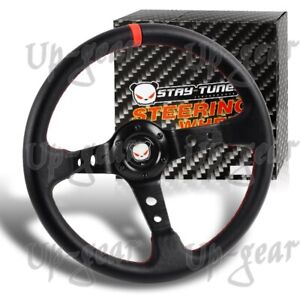 Universal 350mm Deep Dish Red Stitched Black PVC Leather 6 Hole Steering Wheel