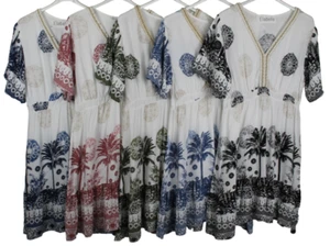 Neu Sommer bequem lässig leicht V-Ausschnitt Blumenmuster Kleid Tunika - Bild 1 von 7