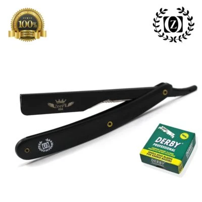 NAVAJA BARBER SHAVETTE RASOR DE RASTRO RECTO + 100 DERBY CUCHILLOS TODO NEGRO Foto 1 de 2