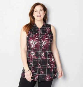 Avenue Floral Plaid Front Button Swing Tank Top Black Womens Plus Size 30/32 - Picture 1 of 2