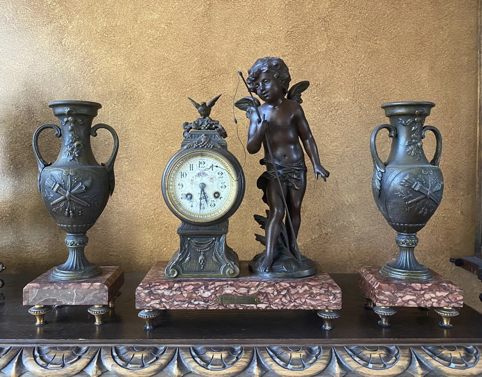 Antique French Bronze Marbel Mantel Clock With Angel Statue And 2 Vases - Image 1 of 4