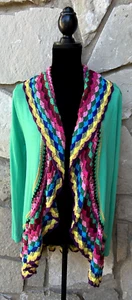 Double Zero Cardigan Sweater Medium Green Rainbow Crochet Trim Open Front EC - Picture 1 of 10