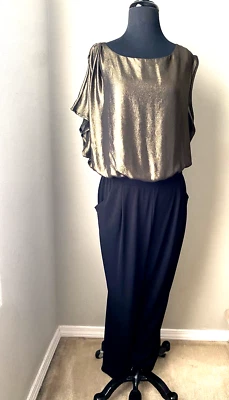 Lane Bryant Metallic Gold Lame Black Jumpsuit 14 16 Stretch Party - Image 1 of 4