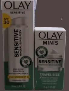 OLAY Sensitive Mineral Sunscreen SPF 30 1.7 oz & Sensitive Skin Moisturizer .5 o - Picture 1 of 2