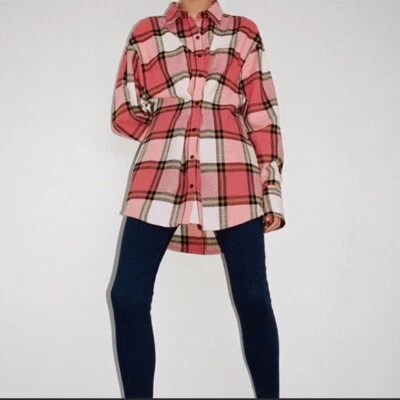 Zara NWOT Women's Pleated Plaid Tunic Flannel Shirt Size L Cinched Long Sleeve - Image 1 of 4