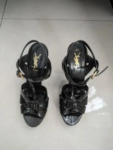 Saint Laurent Paris YSL Black Tribute TStrap Platform Sandals Heels EU38 US7 - Picture 1 of 4