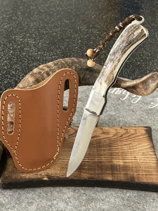 Hirschhorn N690 Edelstahl,Handgefertigtes Klappmesser,Taschenmesser+Lederscheide - Bild 1 von 8