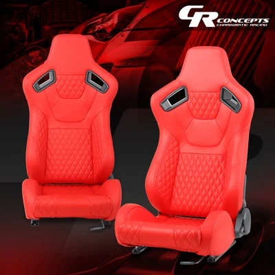Universal Red Vinyl Leather Bucket Racing Seat w/Bottom Mount Sliders Left+Right - Image 1 of 4