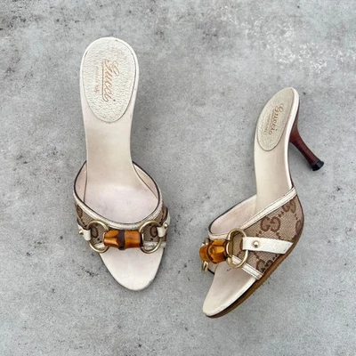 Gucci | Authentic Vintage Horsebit Bamboo GG Monogram Beige Mules (34.5) - Image 1 of 4