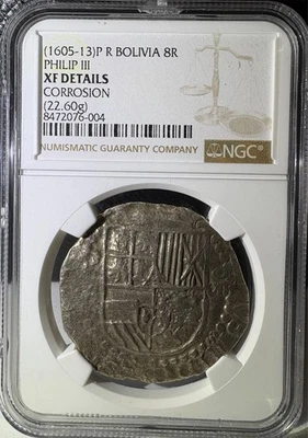1605-13 P R Bolivia Silver Cob 8 Reales 22.6g Philip III NGC XF Details (004) - Image 1 of 2