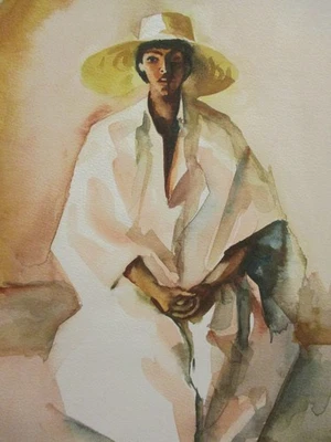 Figura masculina modernista abstracta francesa Andre Delfau pintura gouache MCM de colección Foto 1 de 4