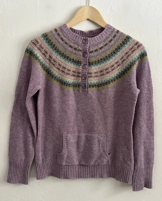 LL Bean Purple/Blue/Maroon 100% Lambs Wool 1/4 Button Fair Isle Sweater Size S - Image 1 of 4