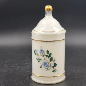 Apothecary Jar Blue Tea Rose in White Frosted Milk Glass with Gold Trim 9" x 4"d - Picture 1 of 13
