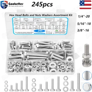 245pcs Hex Head Bolt and Nuts Flat & Lock Washers Assortment Kit Stainless Steel - Picture 1 of 10