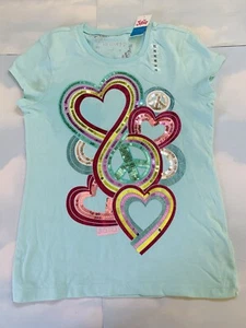 Limited Too (Justice) Gorgeous Sequence Heart & Peace Light Blue T 12 - Picture 1 of 8