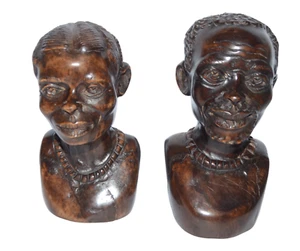 Hand Carved Wood Tribal African Bust Man Woman Statues Figurines 6.5" Tall - Picture 1 of 10