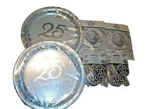New 25th Anniversary Party Decorations Kit Silver Plates Cupcakes Picks Balloons - Picture 1 of 4