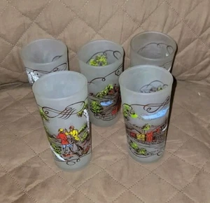 Vintage Currier and Ives Glasses/Hazel Atlas Frosted 1950's-Set of 5 - Picture 1 of 18