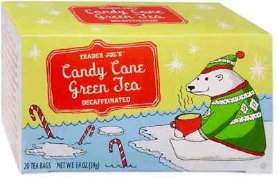 Trader Joe's CANDY CANE GREEN TEA 20-Tea Bags Decaffeinated Limited Time BB 8/27 - Image 1 of 2