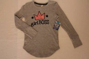 NEW Girls Waffle Knit Shirt Large 10 - 12 Girl Boss Crown Long Sleeve Gray Top - Picture 1 of 2