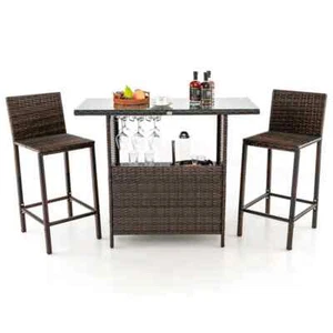 3-Pc Rattan Bar Table & Stools Set – Counter-Height Glass Top Patio Bistro - Picture 1 of 12