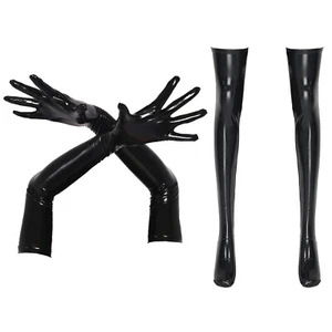 Women Faux Leather Stretchy Long Latex Gloves and Thigh High Stockings Costumes - Picture 1 of 37