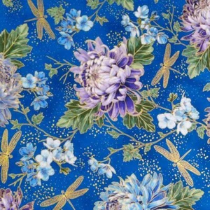 Metallic Gold Dragonflies on Royal Blue, A Hoffman 100% Cotton, BTY or BTHY - Picture 1 of 5