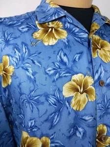 Jos A Bank Hawaiian Camp 100% Silk Shirt Mens XL Beautiful Floral Blue & Gold - Picture 1 of 7