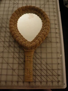VTG Retro CHARLES SCHOBER Woven Wicker  Hand Mirror Tan Bathroom/Vanity W/ TAG - Picture 1 of 4