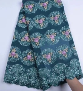 Embroidered Floral Cotton.Teal Color. Vintage Roses Cotton.5 Meters Piece - Picture 1 of 1