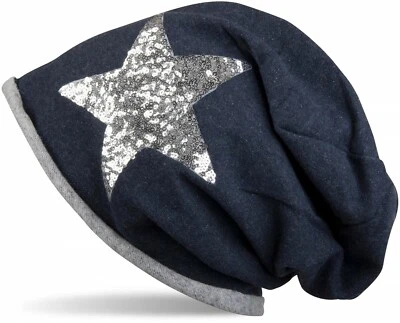 Cuffia beanie con paillettes argentate, stella e orlo arrotolabile, donna  - Immagine 1 di 2